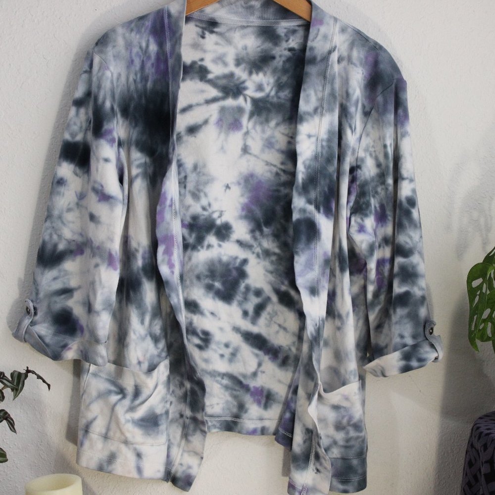 Upcycled Gray and Purple Cotton 3/4 Sleeve Blazer with Pockets L/XL